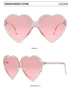 Front and 45-degree views of pink transparent heart-shaped sunglasses with resin frame