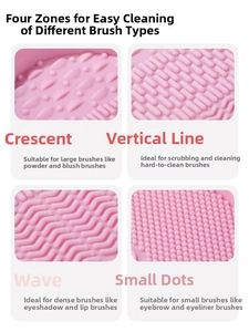 Macro detail of four cleaning textures on a pink silicone makeup brush cleaning mat