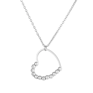 Modern anti-anxiety titanium steel necklace with rotatable silver beads in a heart pendant