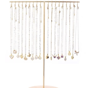 T-Shape Necklace Display Stand Metal Jewelry Organizer Rack With Round Wood Base Multi Hooks Detachable Minimalism
