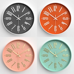 Modern 12-inch silent wall clocks with 3D numbers and textured dials in four colors