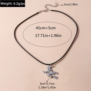 Detailed specs for witch on broom pendant necklace showing 3cm size and 6.2g weight