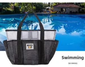 Mesh beach bag detail showing multi-pocket storage and Beach Love logo for swimming