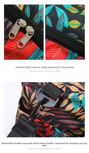 Detail of metal dual zippers and detachable shoulder strap on tropical leaf print travel bag