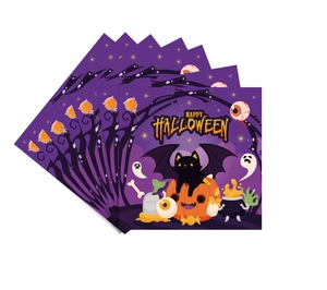 Close-up of Halloween purple paper napkins with black cat, pumpkin, and bat patterns