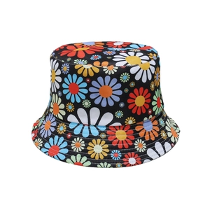 Women's summer sun bucket hat with colorful daisy print on black breathable fabric