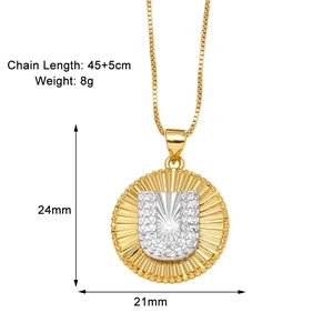 Detailed view of gold plated round letter U pendant necklace with size dimensions