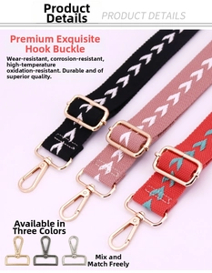 Detail of adjustable embroidered bag straps with gold, silver, and black metal buckles