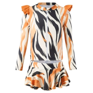 Kids long sleeve two-piece swimsuit set with artistic tiger print and ruffle skirt