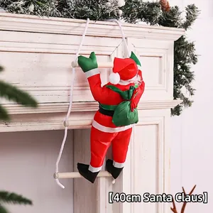 Detail of 40cm Santa Claus climbing a three-step wooden ladder with green gift bag