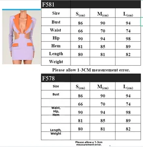 Size chart for V-neck backless blazer dress showing bust, waist, hip, and length measurements