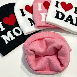 Cozy knit beanie for infants with I Love Dad and I Love Mum heart jacquard patterns