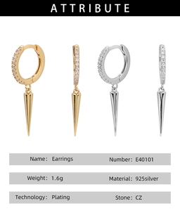 Detailed specs for 925 silver hoop earrings with CZ stone cone drop in gold and silver