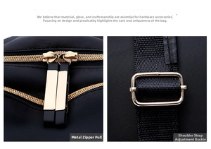 Detail shot of premium gold zippers and adjustable metal buckles on black nylon backpack