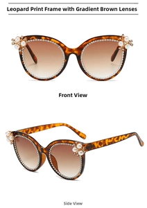 Detail view of cat eye sunglasses with leopard print frame and pearl rhinestone embellishments