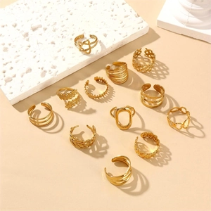 12-piece vintage 18k gold plated ring set with leaf and geometric designs on stones