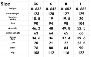 Detailed size chart for corduroy long dress including bust, waist, and length measurements