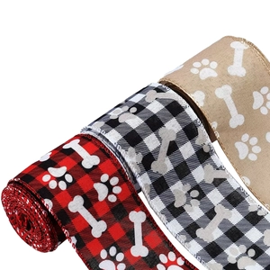 5 yards Christmas burlap ribbon with plaid patterns and cute dog paw bone prints