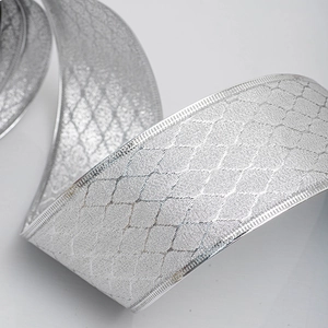 Macro shot of silver metallic decorative ribbon with glittery texture and wired edges