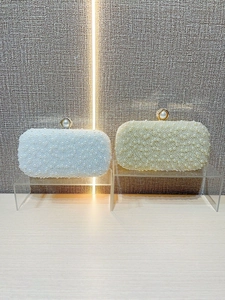Elegante pochette da sera in perle con cornice in metallo in bianco e champagne