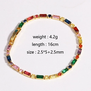 Detail shot of multi-color zircon gold-plated bracelet with precise size and weight specs