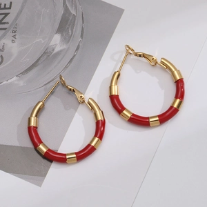 Chic gold titanium round earrings with vibrant red enamel stripes for women