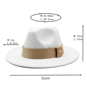 Size guide for white wool fedora hat with bee detail showing brim and height measurements