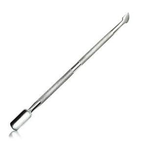 Dual-sided stainless steel cuticle pusher and nail cleaner tool with knurled handle
