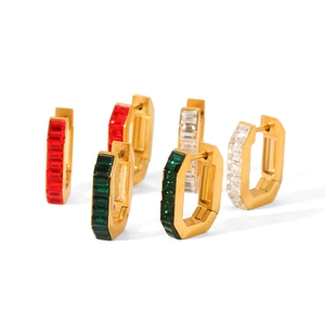 U-shaped stainless steel earrings with red, green, and white rectangular zircon in gold finish