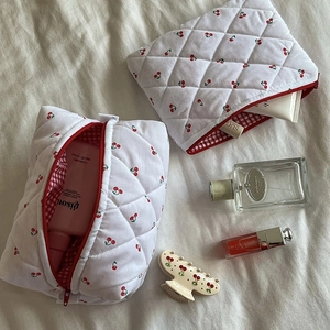 Quilted cherry print makeup bag set with red gingham lining and matching hair claw clip
