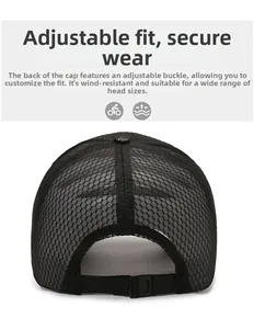 Detail of adjustable strap and breathable mesh on black outdoor fishing trucker hat