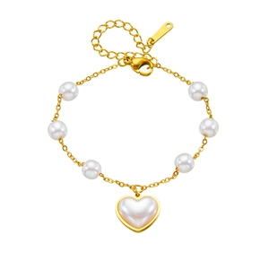 Elegant golden stainless steel chain bracelet with round white pearls and heart charm