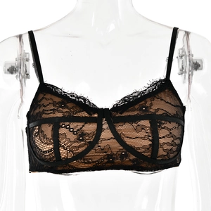Detailed close-up of a sexy black lace bra with thin straps and underwire support