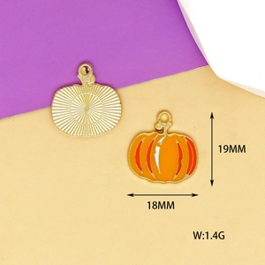 Detailed view of pumpkin enamel charm with 19x18mm dimensions and 1.4g weight specifications