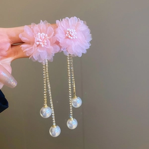 Detail of pink mesh flower earrings with crystal tassel and faux pearl drops