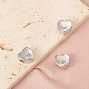 Polished stainless steel heart pendant charms with central cubic zirconia inlay