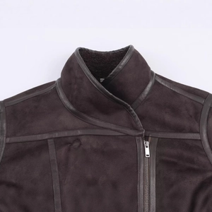 Dark brown reversible faux suede jacket with fleece lining and faux leather piping detail