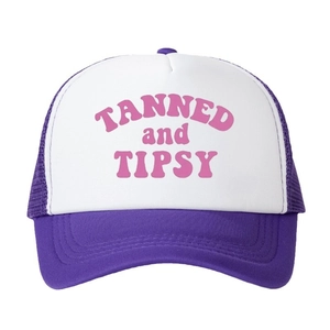 TANNED and TIPSY mesh baseball cap in purple and white, sun protection trucker hat style