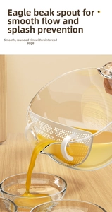 Detail of transparent glass bowl with filter spout pouring orange liquid smoothly