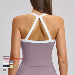 Débardeur de yoga pour femme rose poudré et blanc avec dos nageur ajouré chic