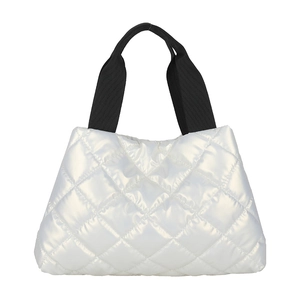Minimalist silver quilted tote bag with black webbing handles on a white background