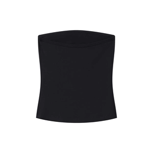 Detailed flat lay of black elastic strapless tube top with reinforced stitched edges
