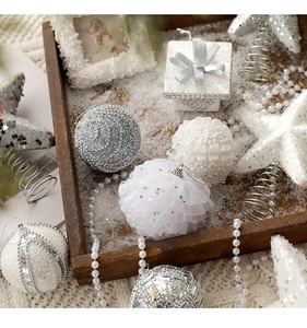Detailed view of silver sequins and white textured Christmas ornaments in a snow-filled tray