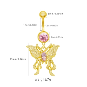 Detailed view of golden butterfly belly ring with pink gems and precise size measurements