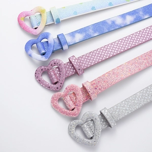 Five assorted glittery heart-buckle belts for girls in rainbow, blue, and silver colors
