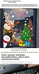 Detail of Christmas window clings featuring reindeer and snowman with holiday greetings