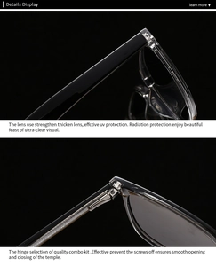 Détails des charnières métalliques et des verres épais anti-UV sur des lunettes rétro