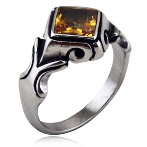 Retro stainless steel ring featuring a square amber gemstone with vintage silver finish
