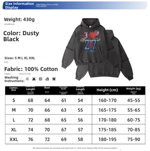 Größentabelle für Punk-Baumwoll-Hoodie mit Maßen in cm und Gewichtsempfehlungen in kg