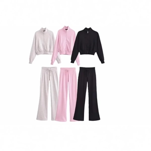 Women Stand Up Collar Zipper Sweatshirt And Flare Pants Tracksuit Polyester Blend Casual Streetwear Outfit